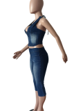 Sky Blue Casual Solid Color Backless Zipper Halter Sleeveless Two Pieces