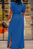 Blue Casual Solid Color Slit Strap Design O Neck Long Plus Size Dresses