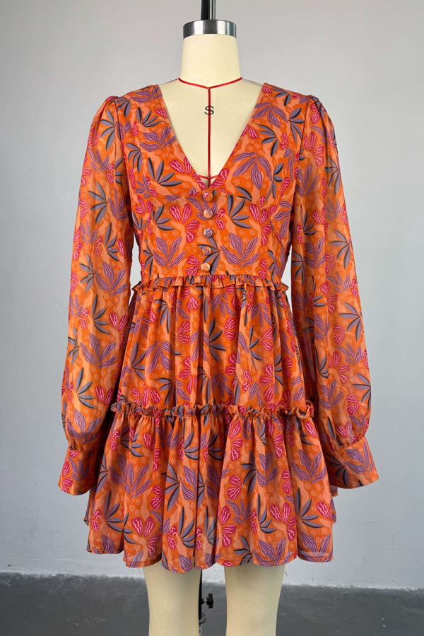 Tangerine Elegant Print Patchwork V Neck Printed Dresses