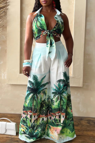 Green Casual Print Strap Design Turndown Collar Sleeveless Two Pieces