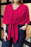 Rose Red Casual Polka Dot Irregular Hem Oblique Collar Plus Size Tops