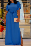 Blue Casual Solid Color Slit Strap Design O Neck Long Plus Size Dresses