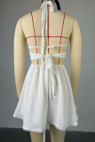 White Sexy Solid Color Hollow Out Backless Pearls Decor Spaghetti Strap Sling Dresses