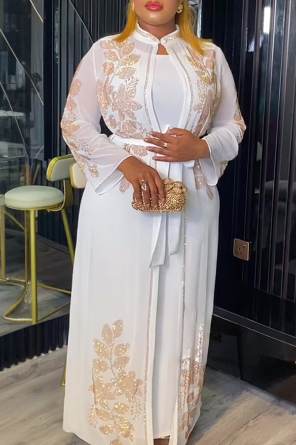 White Casual Hot Drill O Neck Long Plus Size Two Pieces