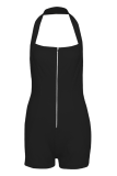 Black Sexy Solid Color Backless Zipper Halter Skinny Rompers