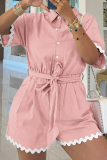 Brown Casual Buckle Strap Design Turndown Collar Regular Rompers