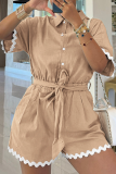 Brown Casual Buckle Strap Design Turndown Collar Regular Rompers