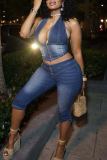 Sky Blue Casual Solid Color Backless Zipper Halter Sleeveless Two Pieces