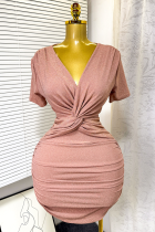 Pink Sexy Solid Color Ruched V Neck Wrapped Skirt Dresses