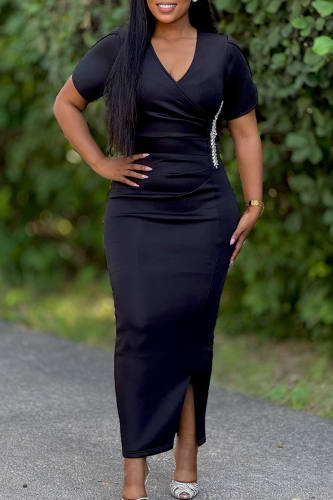 Black Elegant Solid Color Slit Hot Drill V Neck Wrapped Skirt Dresses