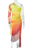 Yellow Red Elegant Gradient Ruched Oblique Collar Wrapped Skirt Dresses