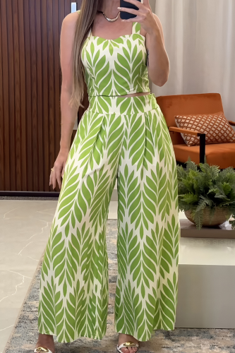 Green Casual Print Patchwork Spaghetti Strap Sleeveless Two Pieces