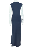 Black Sexy Solid Color Hollow Out Slit Asymmetrical Collar Long Dresses