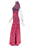 Red Black Sexy Print Ruched O Neck Evening Dresses