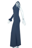 Black Elegant Solid Color Hollow Out Fluffy O Neck Long Dresses