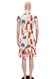 White Elegant Print Pleated O Neck Long Dresses