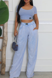Light Blue Casual Solid Color Pocket O Neck Short Sleeve Two Pieces