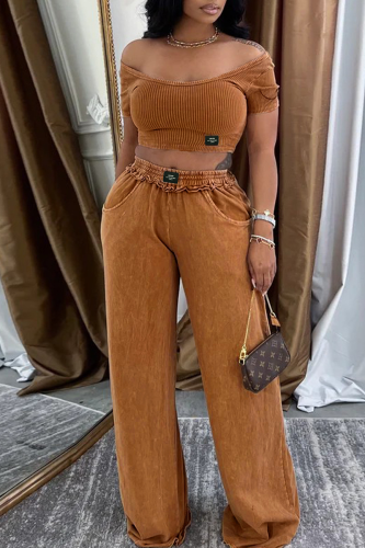 Brown Casual Solid Color Pocket O Neck Short Sleeve Two Pieces