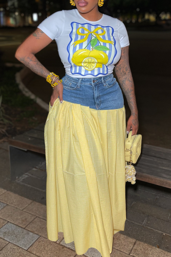 Yellow Casual Print Patchwork O Neck Short Sleeve Two Pieces