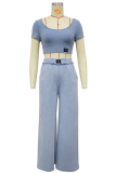 Light Blue Casual Solid Color Pocket O Neck Short Sleeve Two Pieces