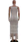 White Vacation Stripe Fringed Trim Swimwears Cover Up