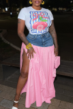 Pink Casual Print Patchwork O Neck Short Sleeve Two Pieces