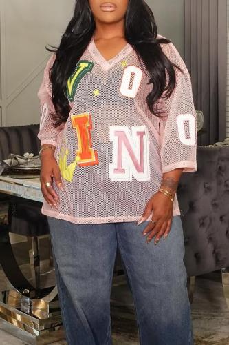Pink Sexy Letters See-Through V Neck T-Shirts
