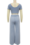 Light Blue Casual Solid Color Pocket O Neck Short Sleeve Two Pieces