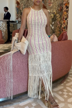 White Vacation Stripe Fringed Trim Swimwears Cover Up