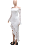 Black Sexy Solid Color Lace Ruffled Trim Off Shoulder Irregular Dresses