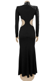 Black Elegant Solid Color See-Through Pearls Decor Turtleneck Long Dresses