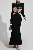 Black Elegant Solid Color See-Through Pearls Decor Turtleneck Long Dresses