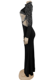 Black Elegant Solid Color See-Through Pearls Decor Turtleneck Long Dresses