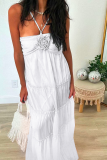 White Sexy Solid Color Backless Flower Shape Halter Long Dresses