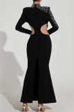 Black Elegant Solid Color See-Through Pearls Decor Turtleneck Long Dresses