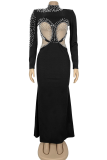 Black Elegant Solid Color See-Through Pearls Decor Turtleneck Long Dresses