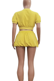 Dark Blue Casual Solid Color Draw String Zipper Zipper Collar Short Sleeve Two Pieces