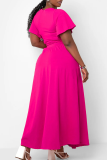 Rose Red Casual Solid Color Pocket Strap Design V Neck Plus Size Two Pieces