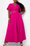 Rose Red Casual Solid Color Pocket Strap Design V Neck Plus Size Two Pieces