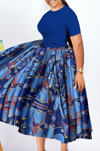 Blue Casual Print Ruched O Neck Long Plus Size Dresses