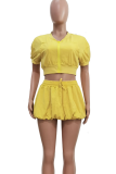 Dark Blue Casual Solid Color Draw String Zipper Zipper Collar Short Sleeve Two Pieces