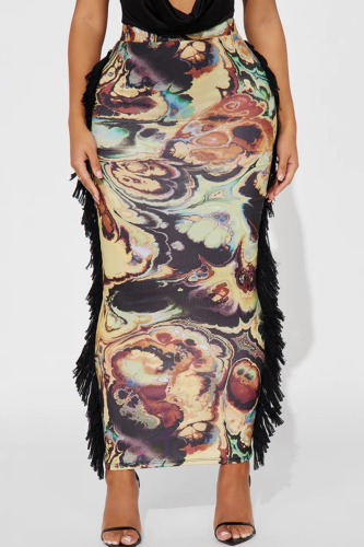 Black Casual Print Fringed Trim Regular Mid Waist Straight Full Print Bottoms