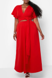 Rose Red Casual Solid Color Pocket Strap Design V Neck Plus Size Two Pieces