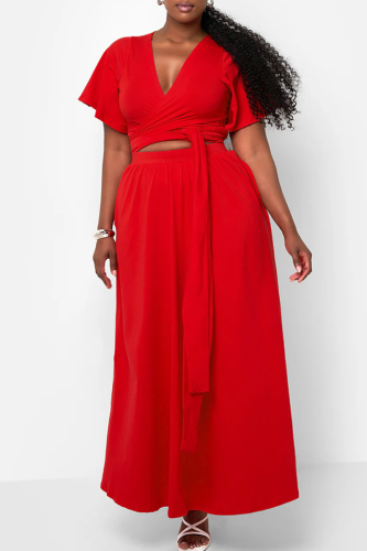 Red Casual Solid Color Pocket Strap Design V Neck Plus Size Two Pieces