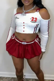 Red Sexy Letters Hollow Out Asymmetrical Collar Long Sleeve Two Pieces