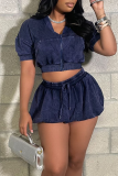 Dark Blue Casual Solid Color Draw String Zipper Zipper Collar Short Sleeve Two Pieces
