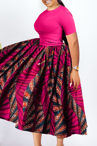 Rose Red Casual Print Ruched O Neck Long Plus Size Dresses
