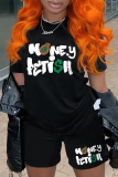 Black Casual Letters Patchwork O Neck Short Sleeve Two Pieces