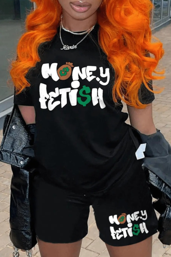 Black Casual Letters Patchwork O Neck Short Sleeve Two Pieces