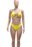 Yellow Sexy Solid Color Hollow Out 3 Piece Sets